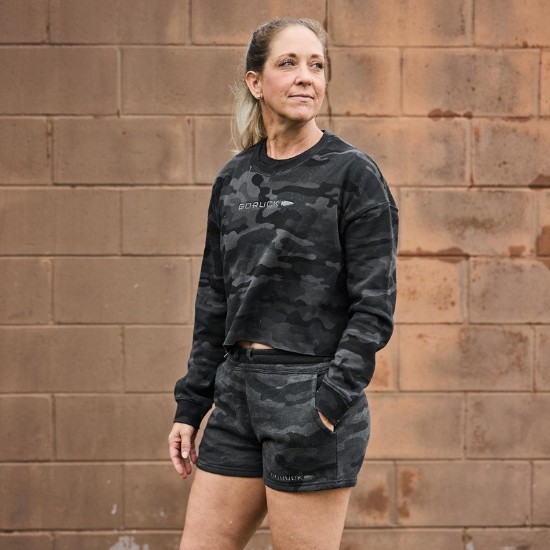 Black Camo / Dark Grey Goruck Sweat Women\'s Shorts | CA-SJK-289140